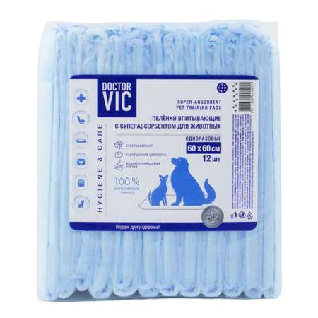 Пеленки для животных Doctor VIC впитывающие с суперабсорбентом одноразовые 60*60см 12шт