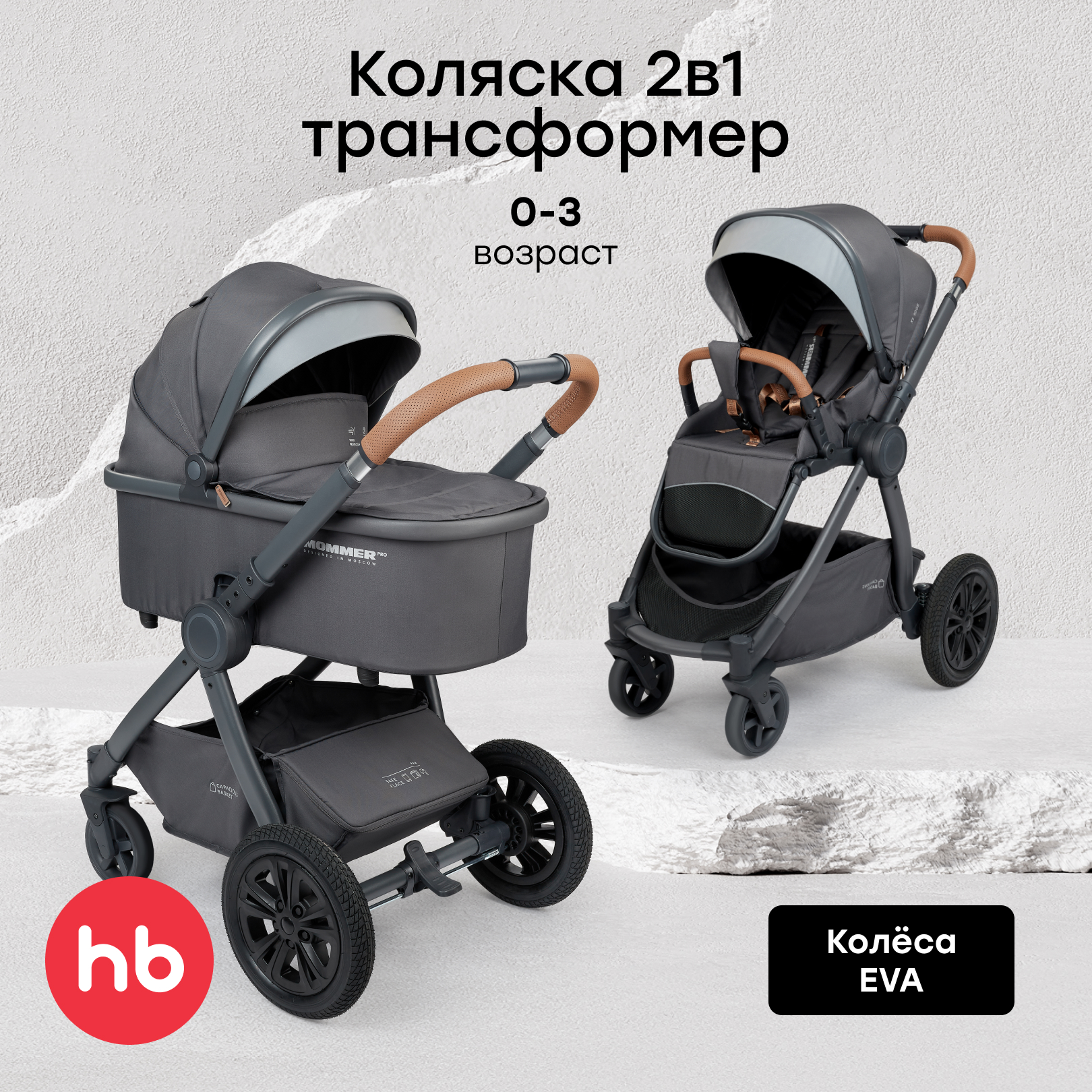 Изображение товара Детская коляска 2в1 Happy Baby Mommer Pro серый с надувными колесами