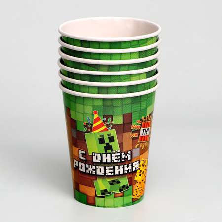 Набор бумажной посуды Страна карнавалия «С Днём Рождения» пиксели 6 тарелок 6 стаканов 6 колпаков