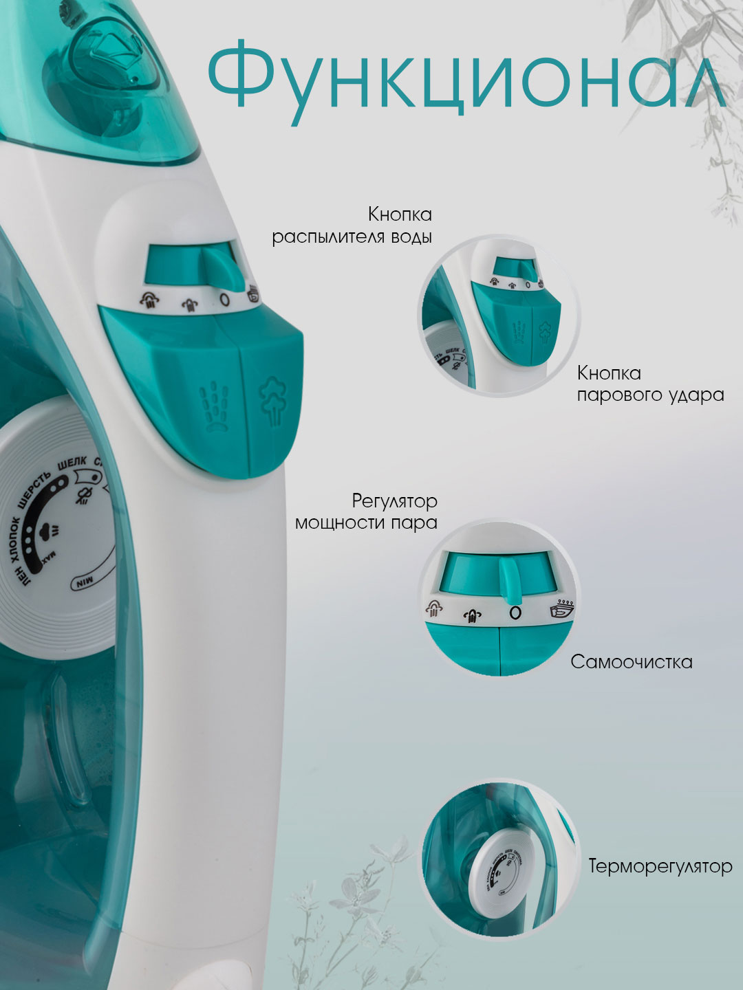 Утюг электрический VLK Vesuvio 2400 2400 Вт керамическая подошва белый/бирюзовый - фото 3