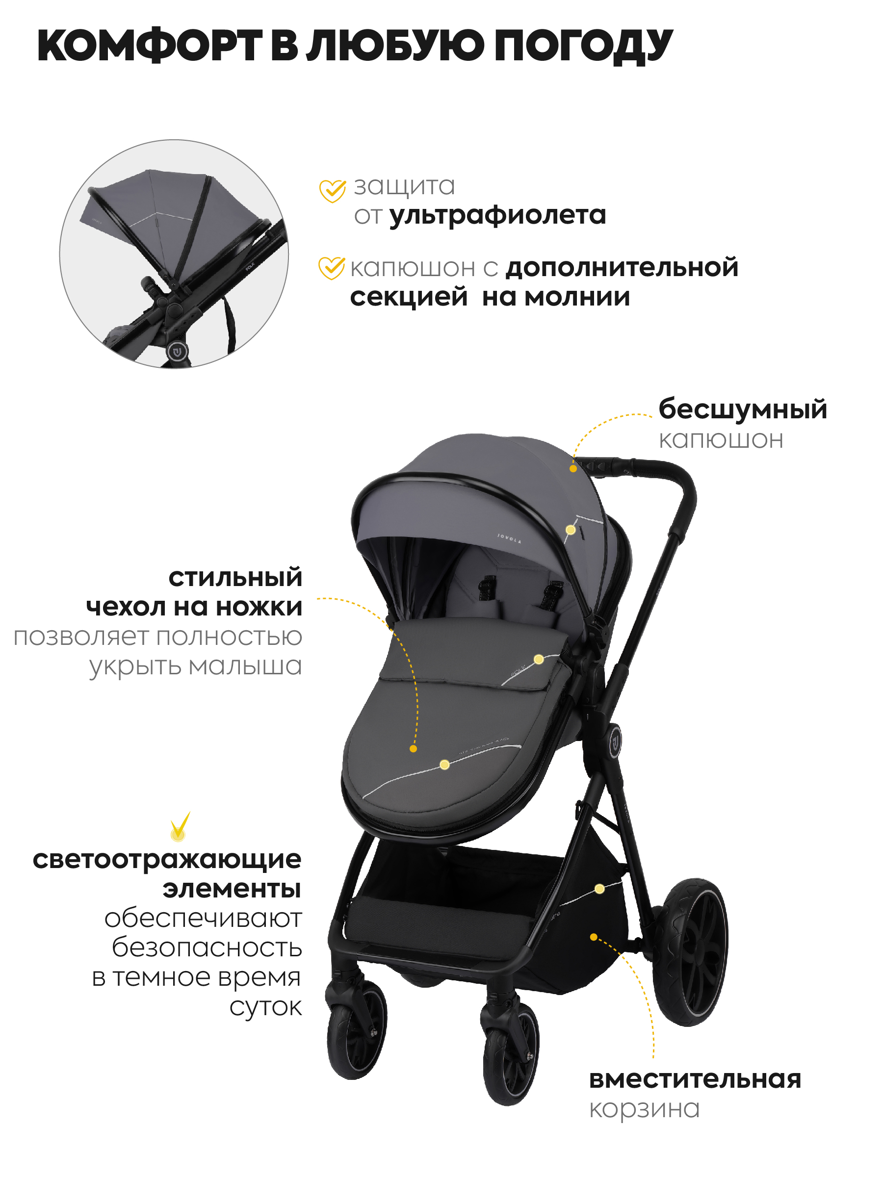 Коляска трансформер JOVOLA Folk W с утепленным вкладышем серый - фото 7