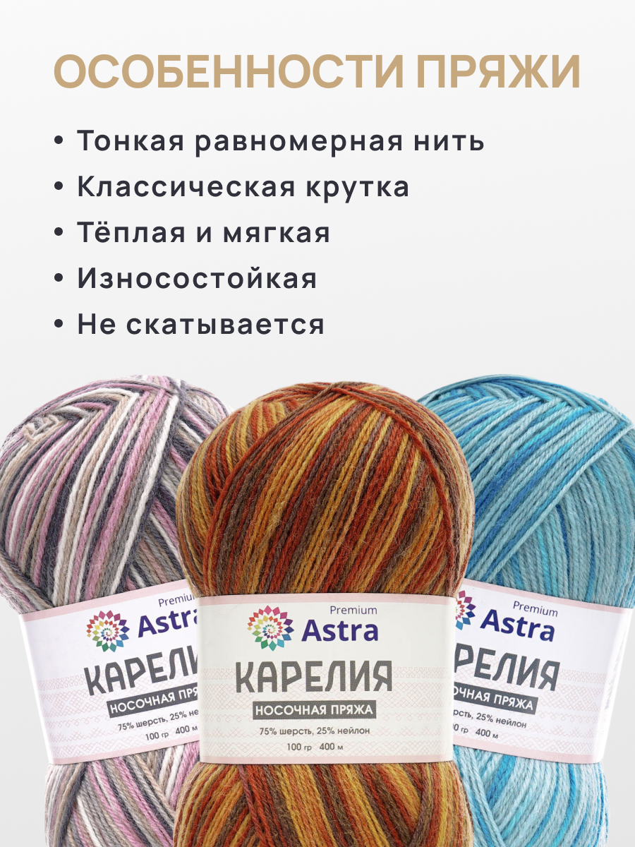 Пряжа для вязания Astra Premium карелия носочная шерсть нейлон 100 гр 400 м цвет 1001 2 мотка - фото 3