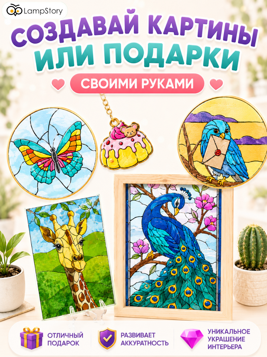 Набор для творчества LampStory аппликация Витражи с красками и книгой - фото 5