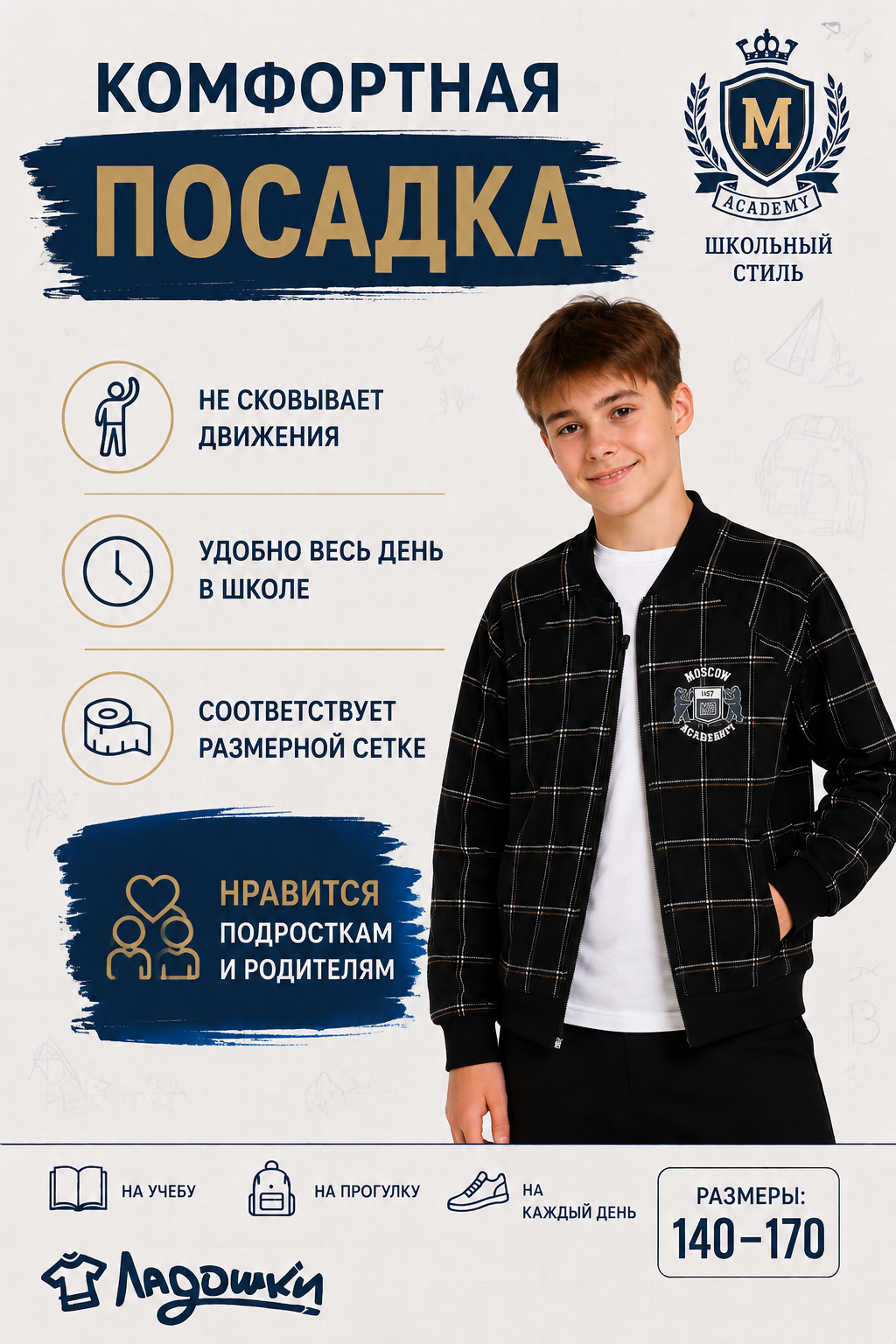 Бомбер ЛАДОШКИ Толстовка Колледж черная клетка - фото 12