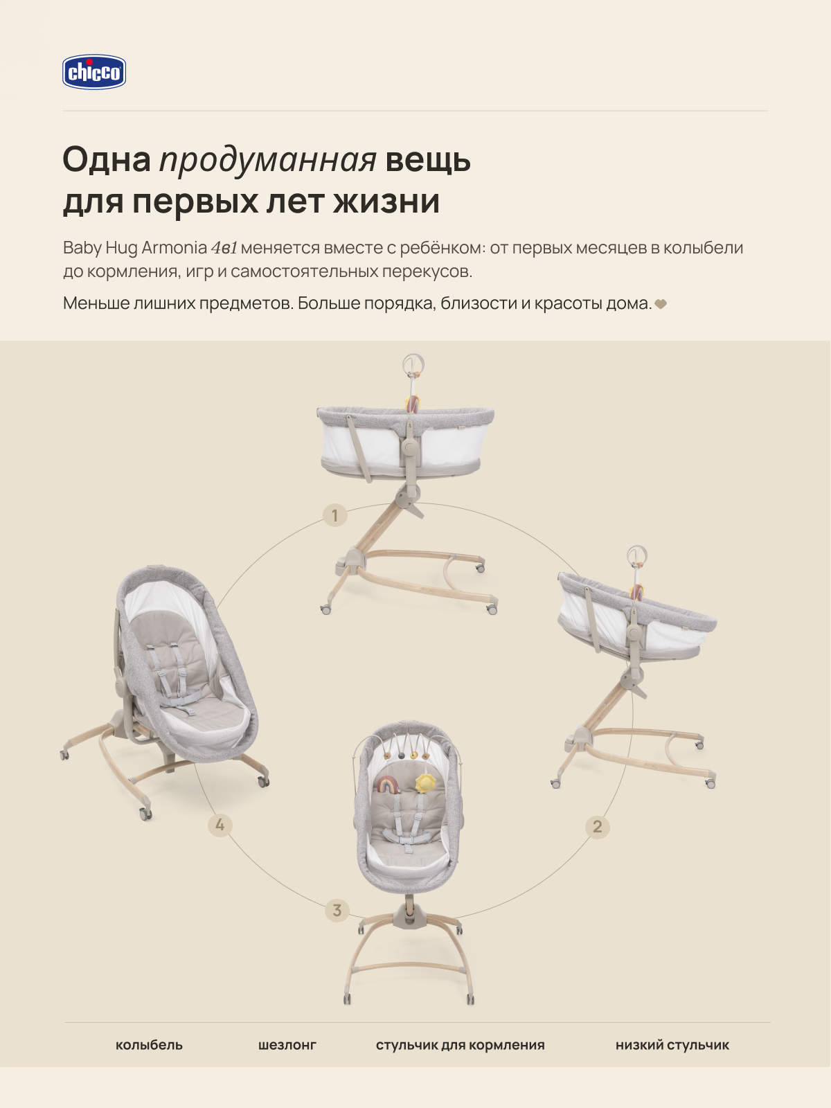 Детская кроватка Chicco Baby Hug Armonia 4в1 с рождения до 3 лет Scandinavian овальная, без маятника (бежевый) - фото 3