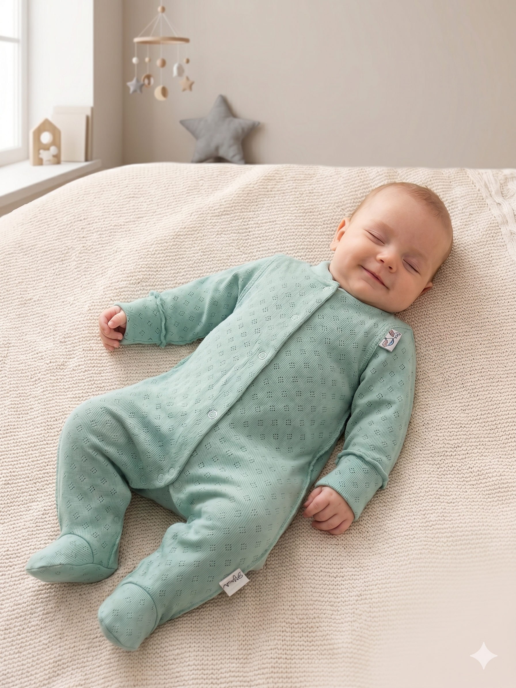 Изображение товара Детский комбинезон ТРИЯ 50 из мягкой ажурной рибаны с рукавичками-застежкой