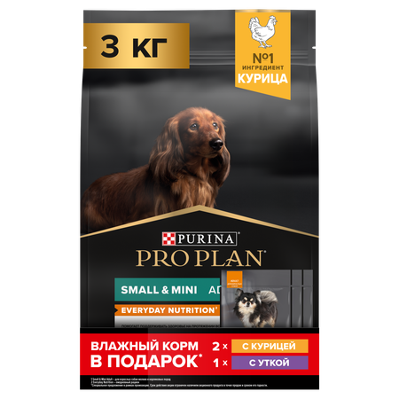 Сухой корм PRO PLAN для взрослых собак мелких с курицей 3кг+влажный корм с уткой и курицей 85г*3шт