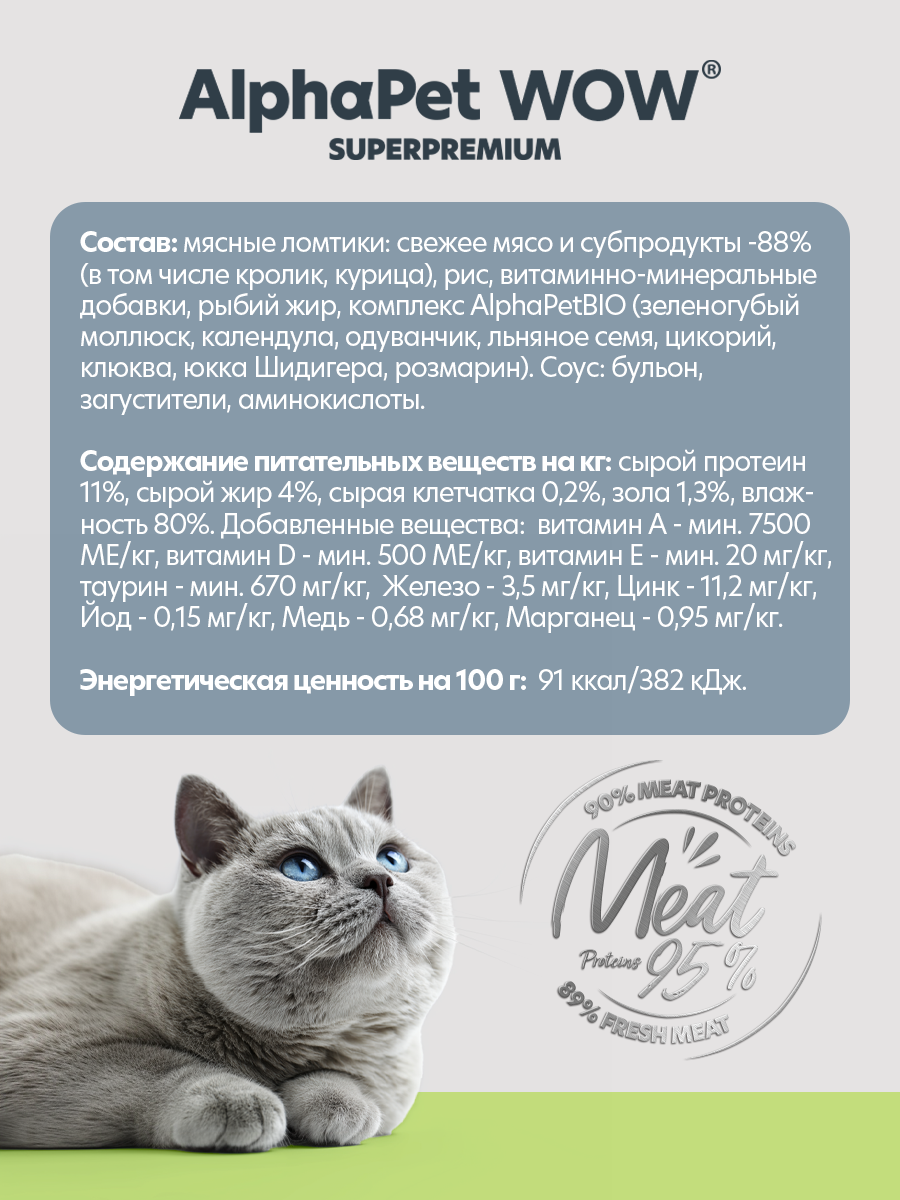 Пауч 28 шт Влажный полнорационный корм AlphaPet для кошек с чувствительным пищеварением кролик с потрошками нежные ломтики 85 - фото 6