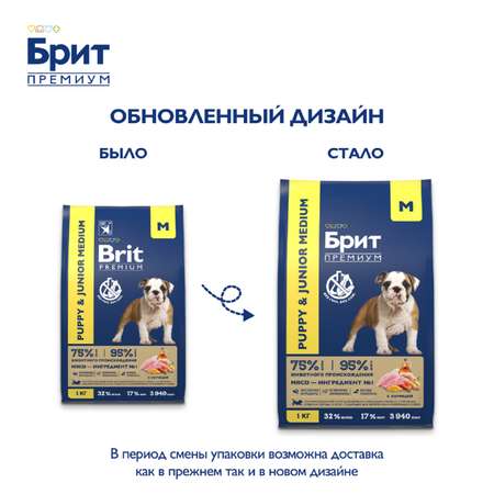 Корм для собак Brit 1кг Premium Dog Puppy and Junior Medium с курицей
