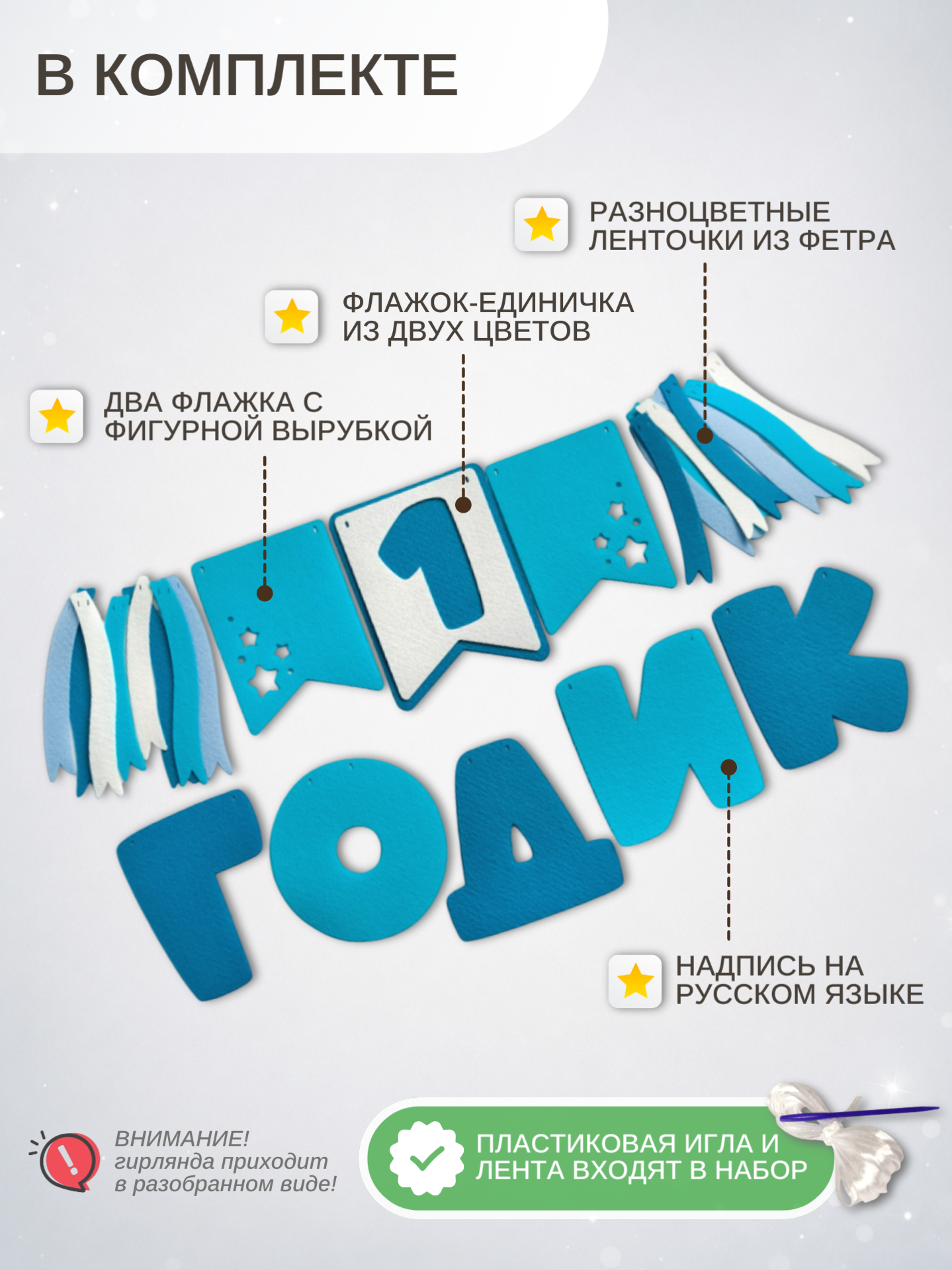 Гирлянда-растяжка Mimibabybook на 1 годик синяя из фетра - фото 2