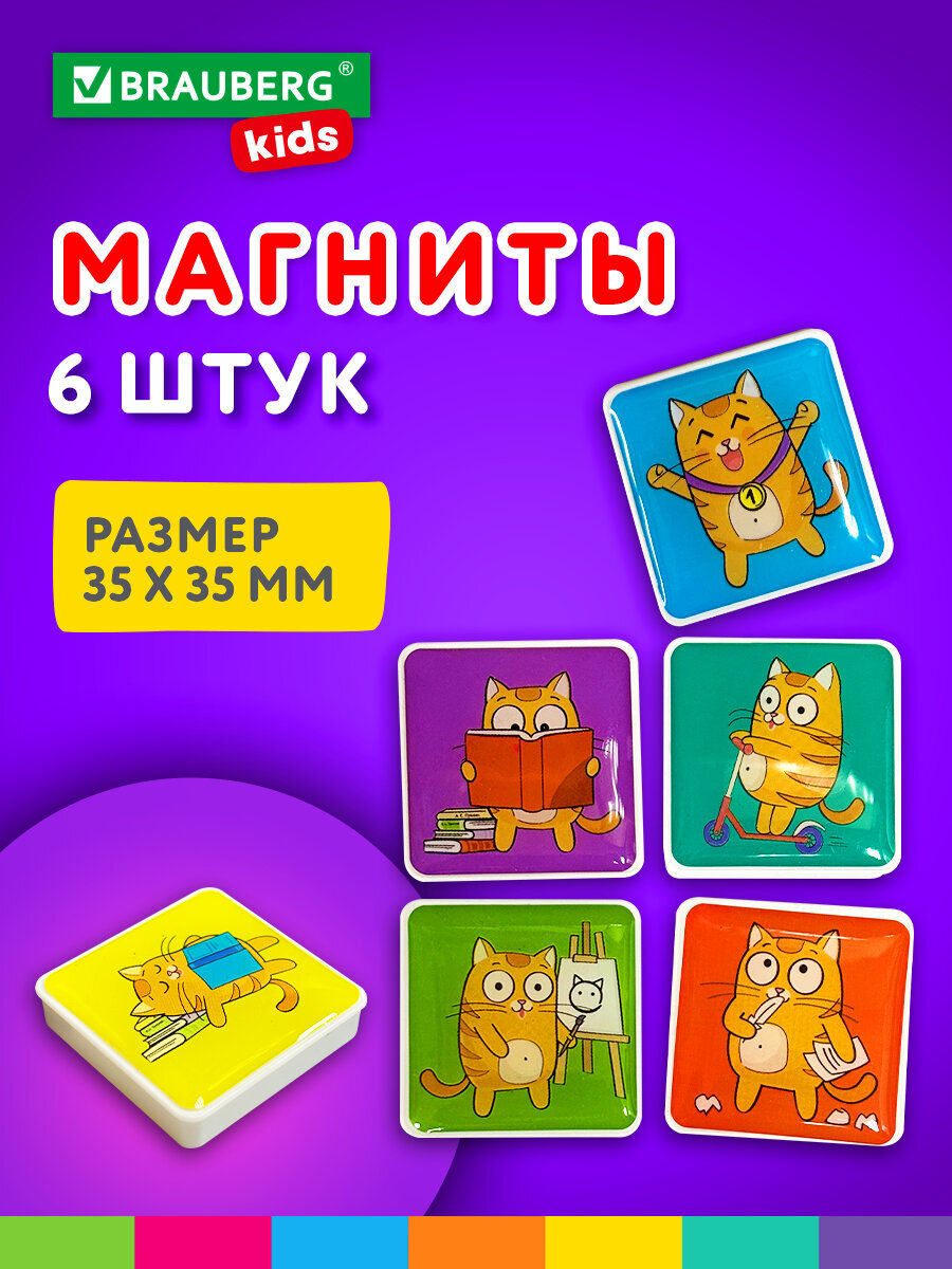 Изображение товара Магниты стеклянные Brauberg 6 шт квадратные Кот-энтузиаст надежное крепление