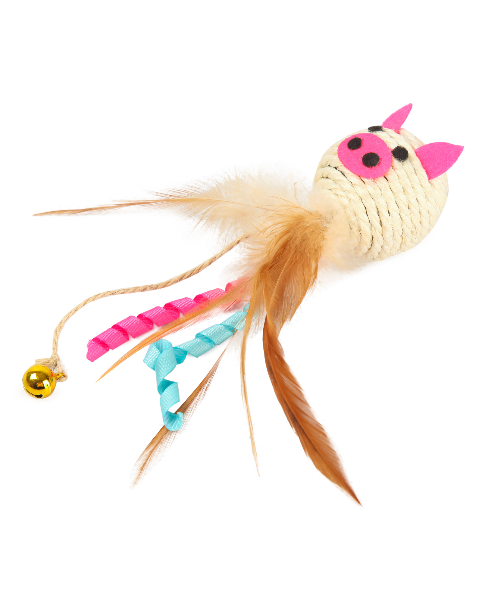 Игрушка для кошек Barbaks Свинка Ленточка с кошачьей мятой. бубенчиком и натуральными перьями 17*4.5см - фото 1
