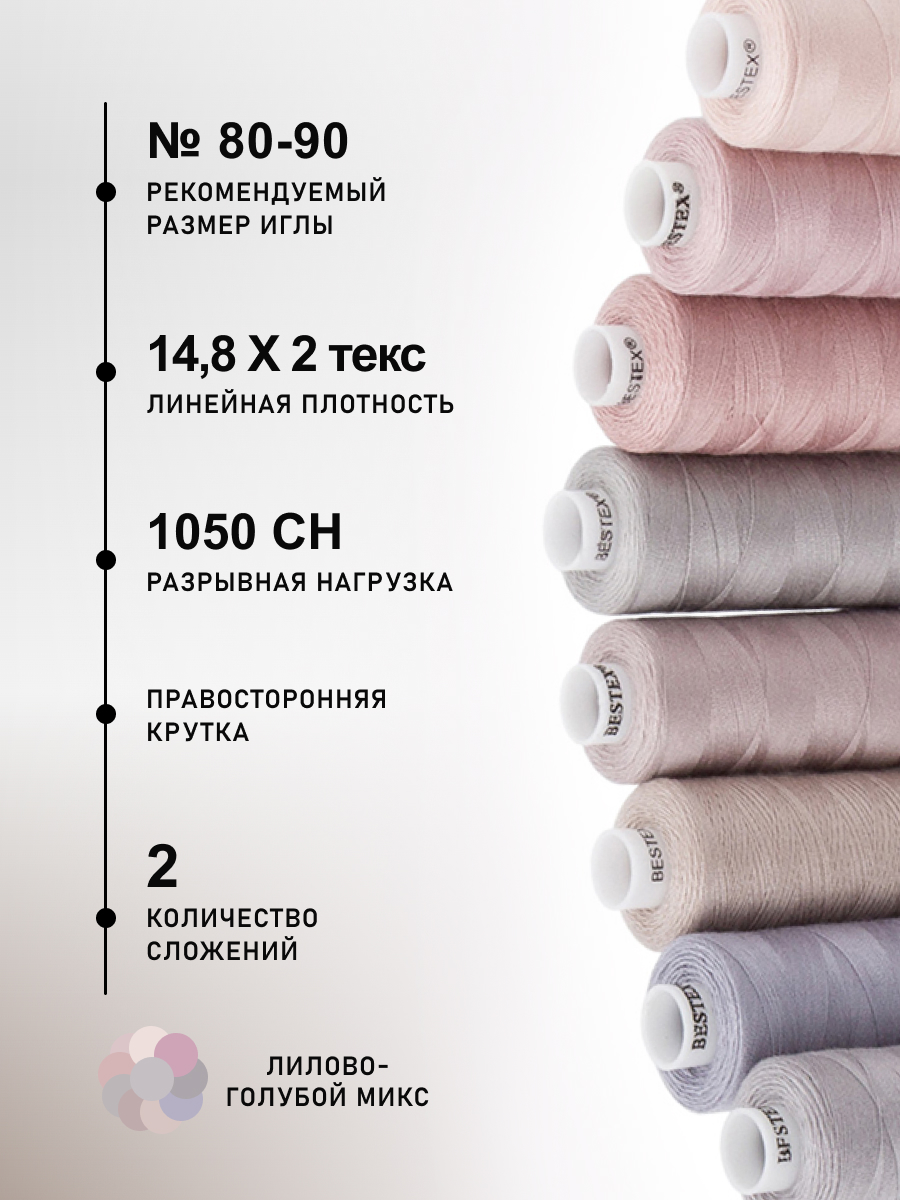 Нитки для шитья 40/2 Лилово-голубой микс Bestex 365м 10шт - фото 2