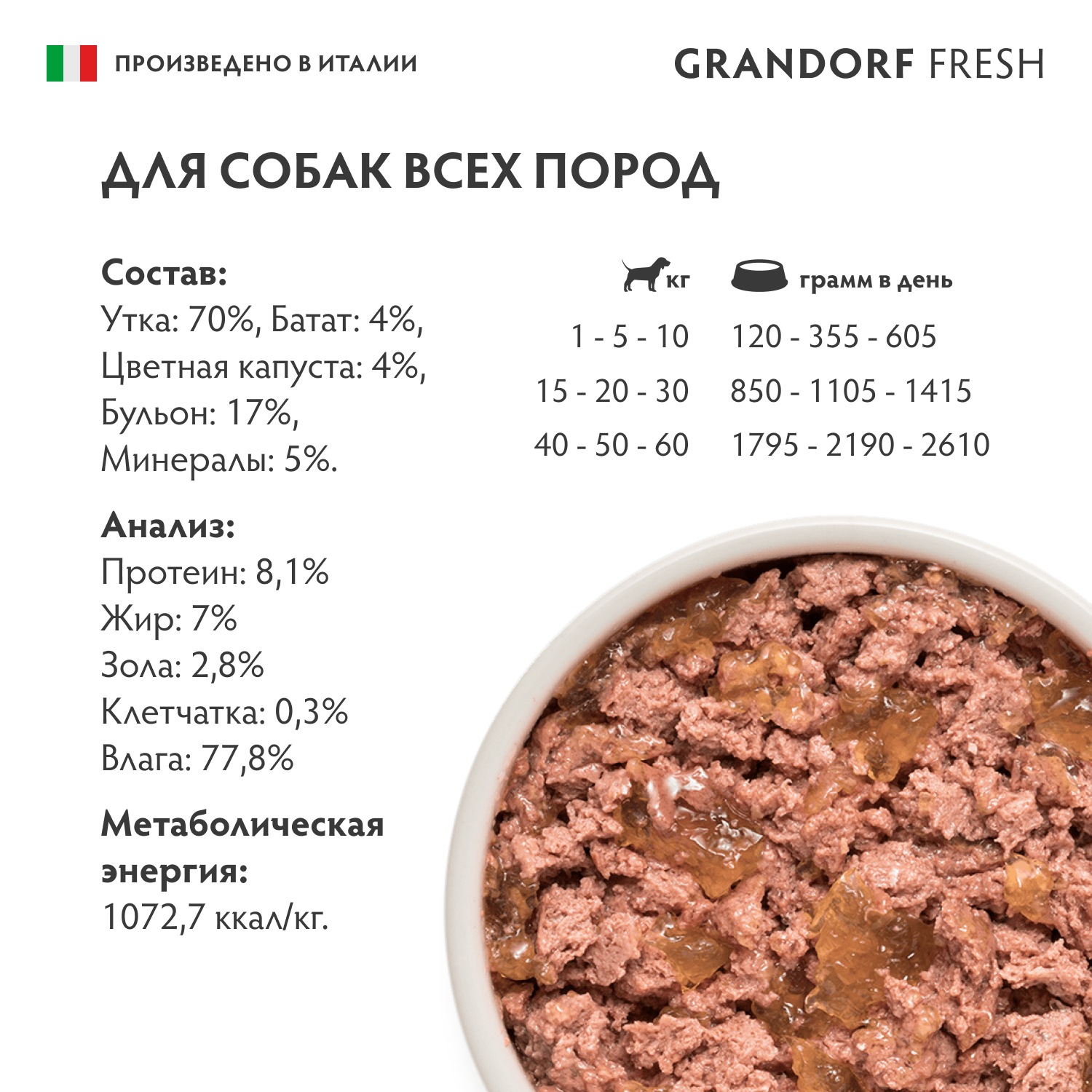 Консервы для собак GRANDORF FRESH Паштет из утки с бататом и цветной капустой 200г - фото 2