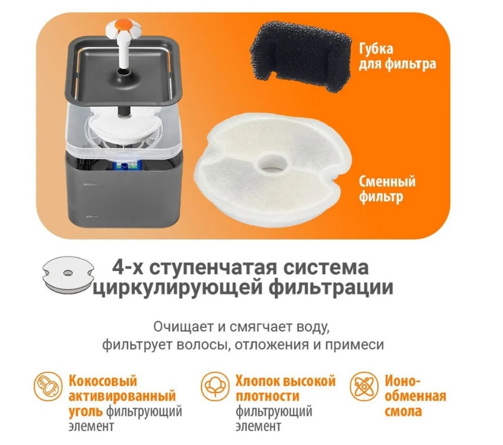 Поилка-фонтан ZDK для кошек с подсветкой ZooWeel серый - фото 5
