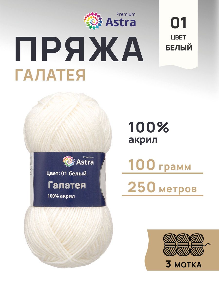 Пряжа Astra Premium Галатея акриловая 100 г 250 м 01 белый 3 мотка - фото 1