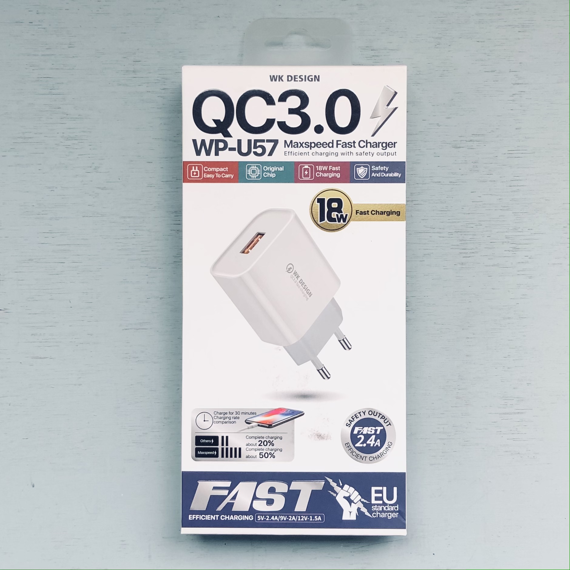 Сетевое зарядное устройство WK Design Max Fast QC 3.0/USB 2.4A /18W/быстрая зарядка для телефона - фото 1