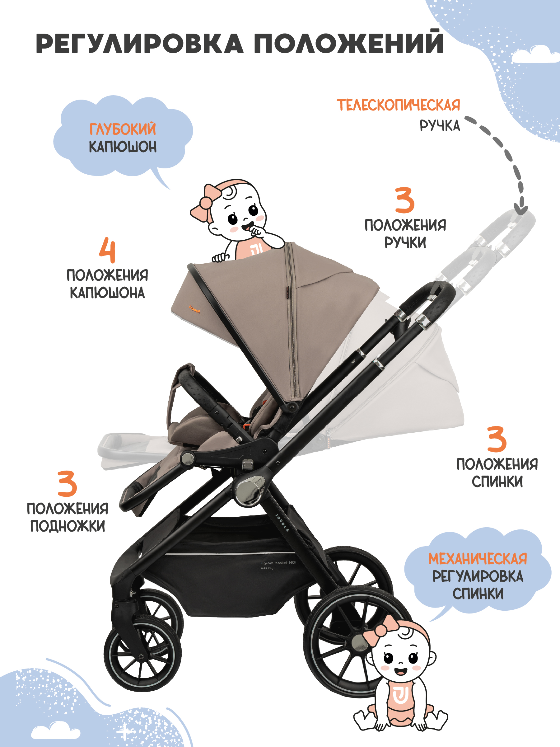 Коляска прогулочная JOVOLA Pepper всесезонная бежевый - фото 6