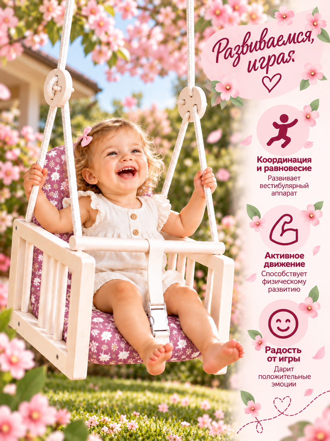 Качели детские подвесные Joy (розовый) - фото 3