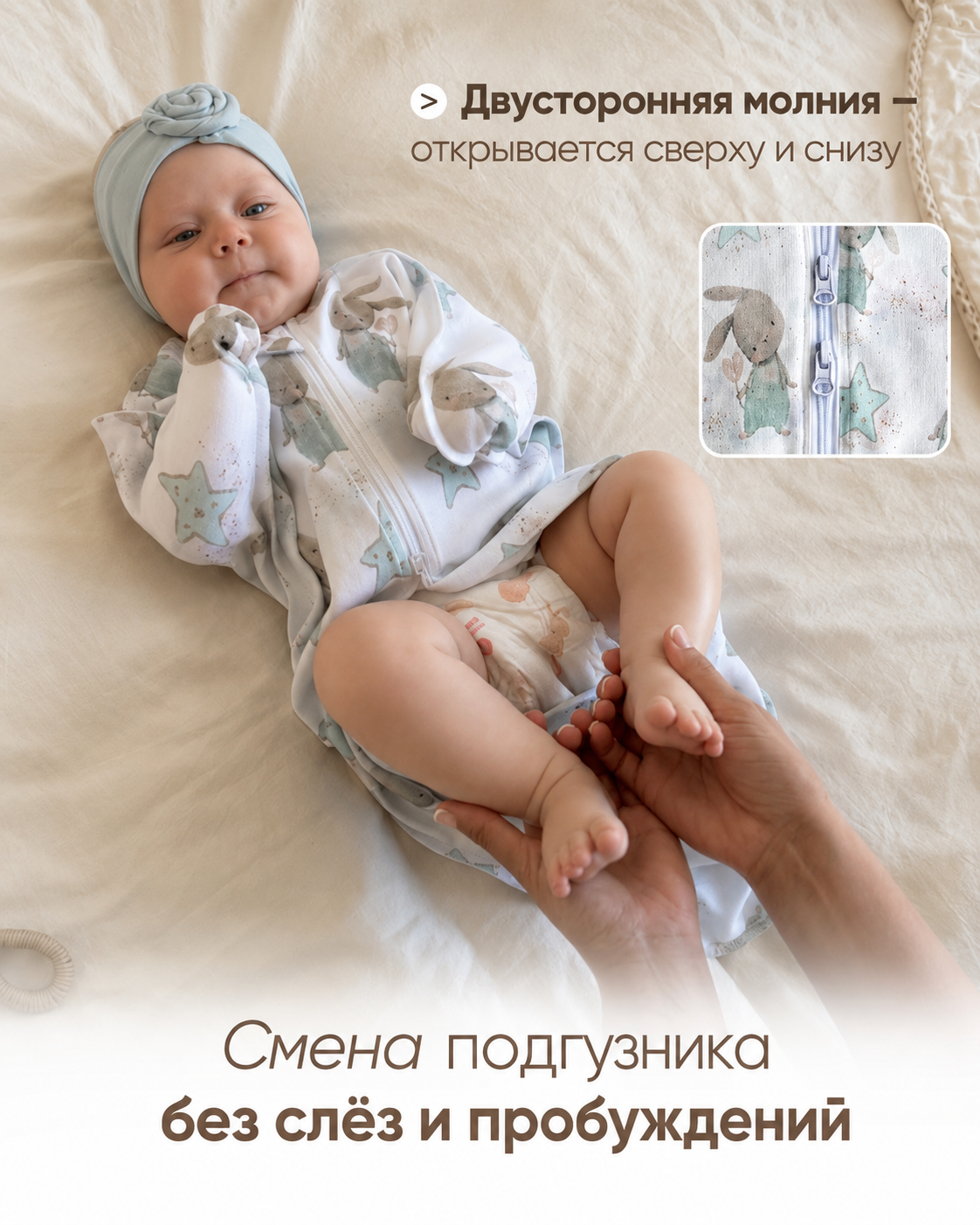Конверт пеленальный (кокон) Твоя ИНАЯ Зайки белый - фото 5