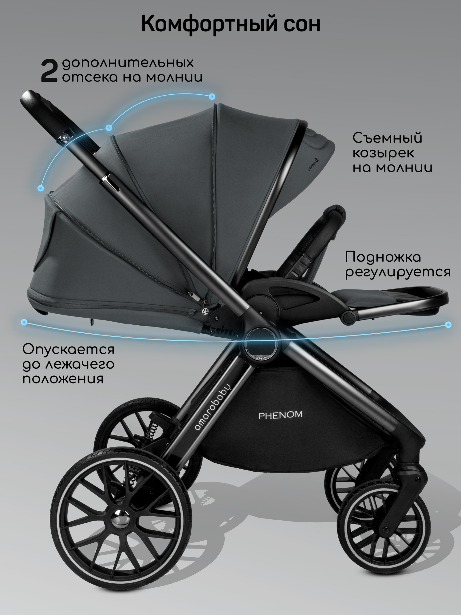 Коляска 2в1 Amarobaby Phenom серый - фото 10