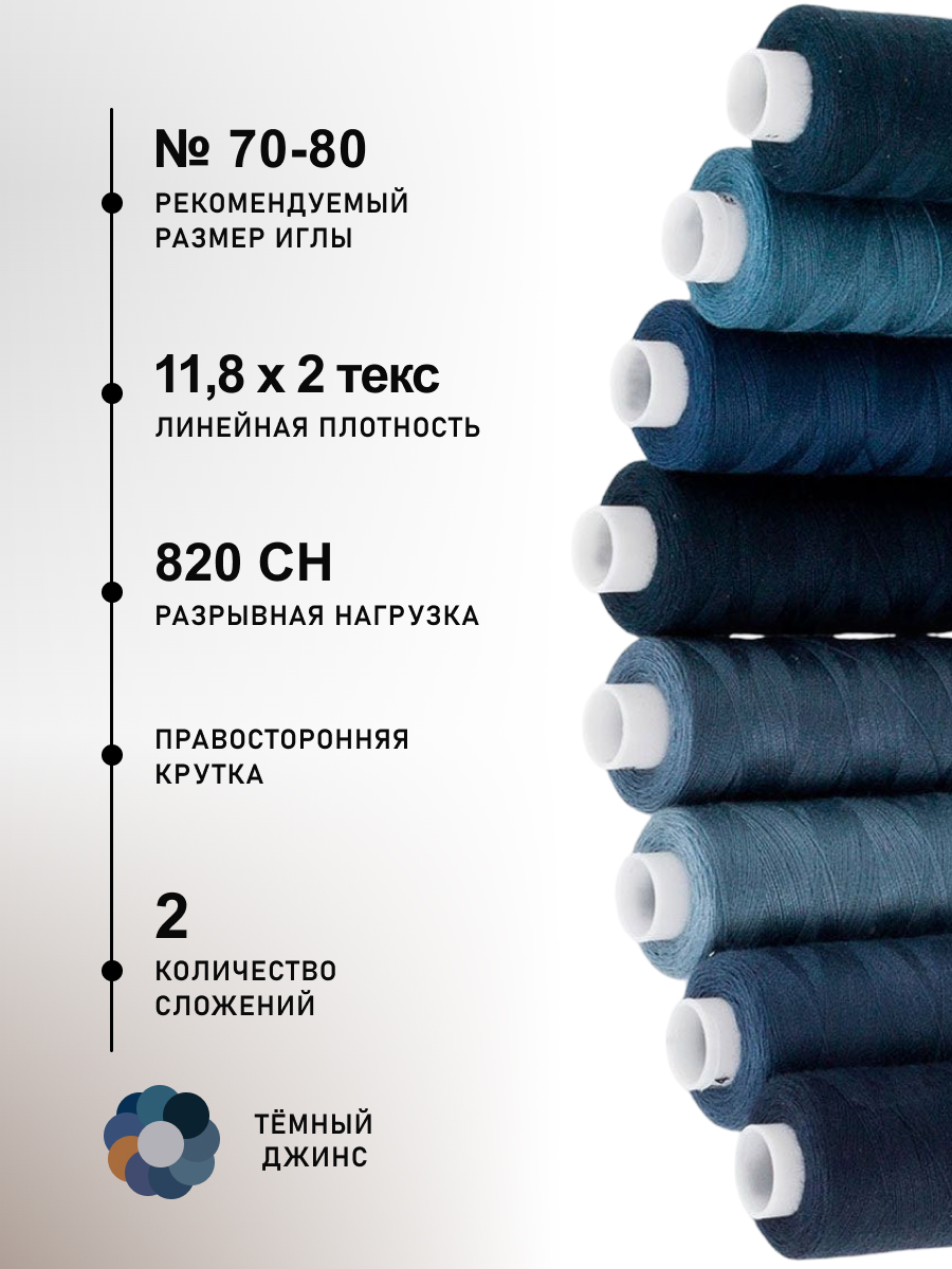 Нитки для шитья 50/2 Темный джинс Bestex 365м 10шт - фото 2
