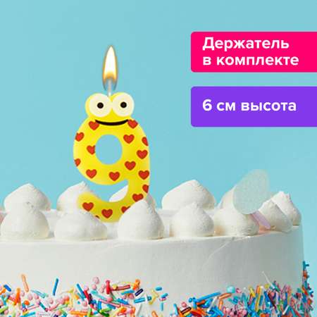 Свеча для торта Золотая сказка цифра 9 С глазками 6 см с держателем в блистере