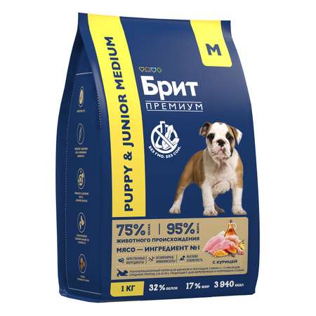 Корм для собак Brit 1кг Premium Dog Puppy and Junior Medium с курицей