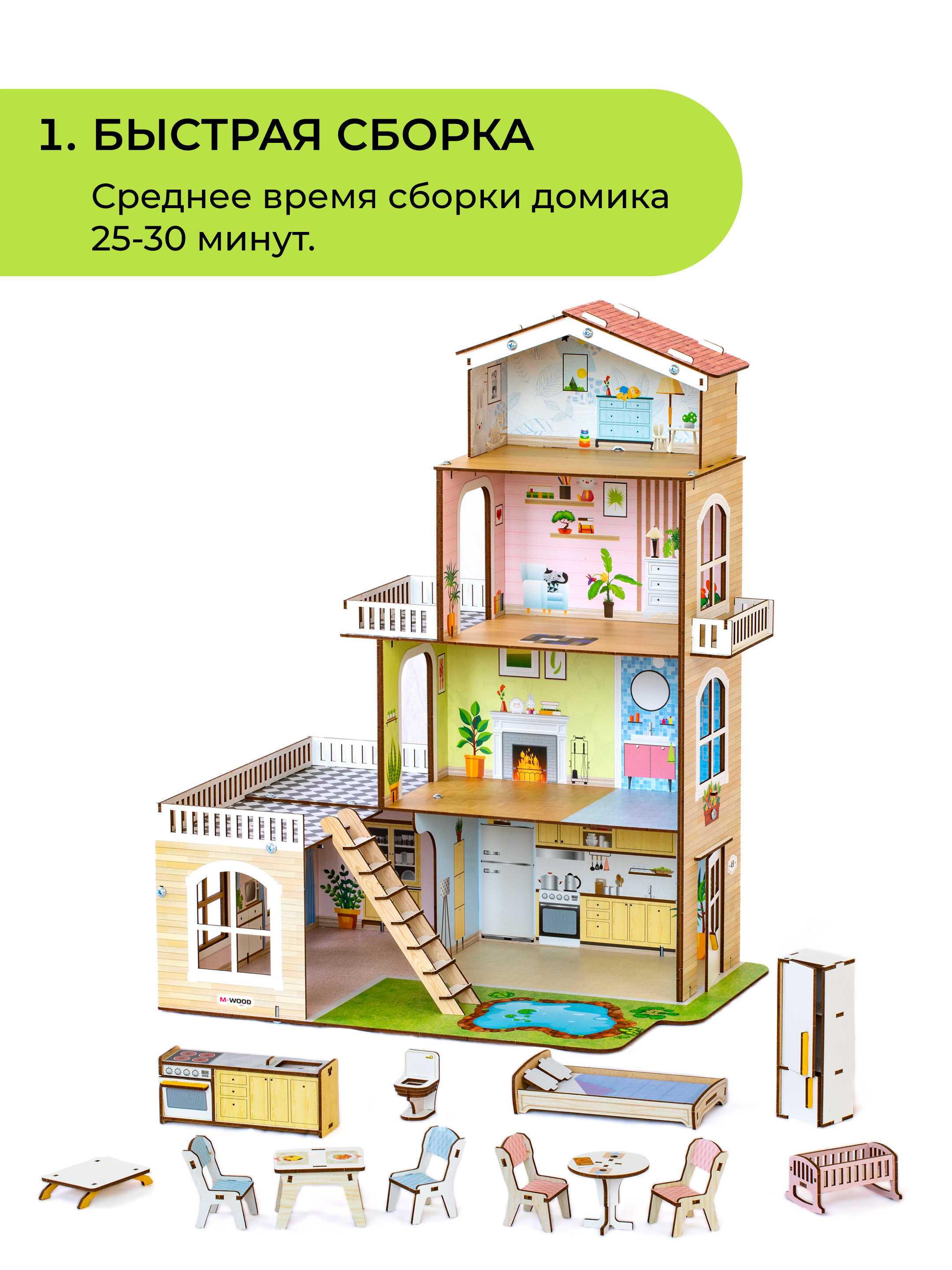 Домик для кукол M-WOOD 61 см с мебелью 3033 - фото 2