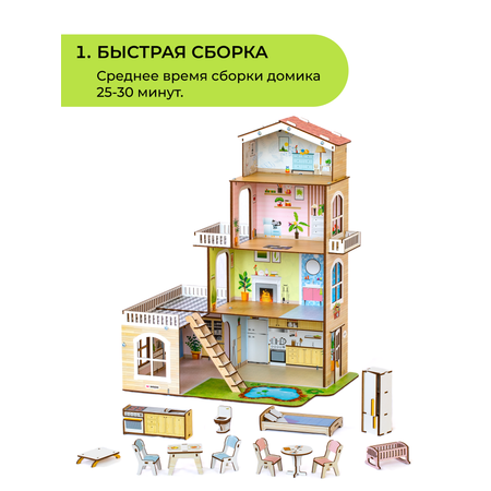 Домик для кукол M-WOOD 61 см с мебелью