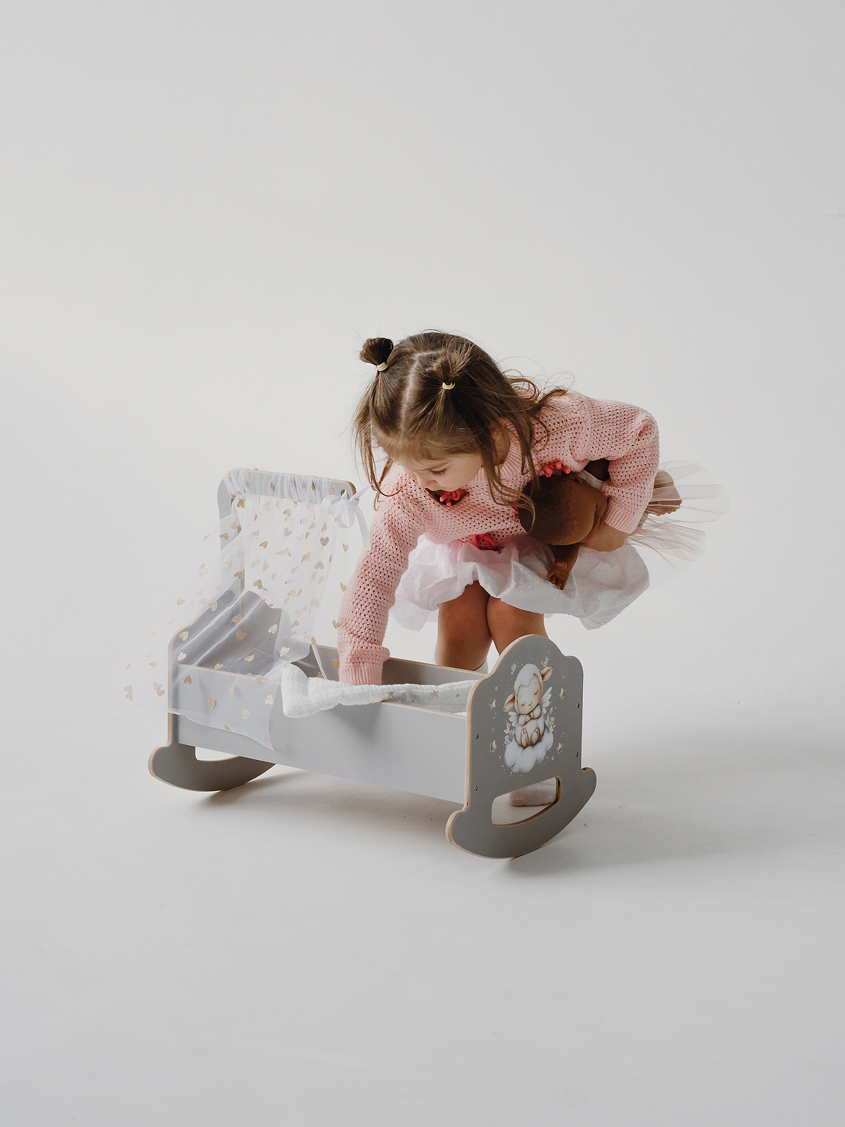 Аксессуар для кукол Pema kids кровать, люлька, бутылочка 475720 Кроватка 45 см с балдахином (Серый/Принт) - фото 9