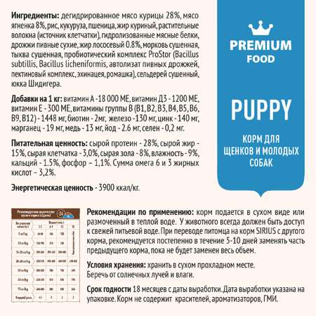 Корм для собак SIRIUS молодых ягненок-рис 15кг