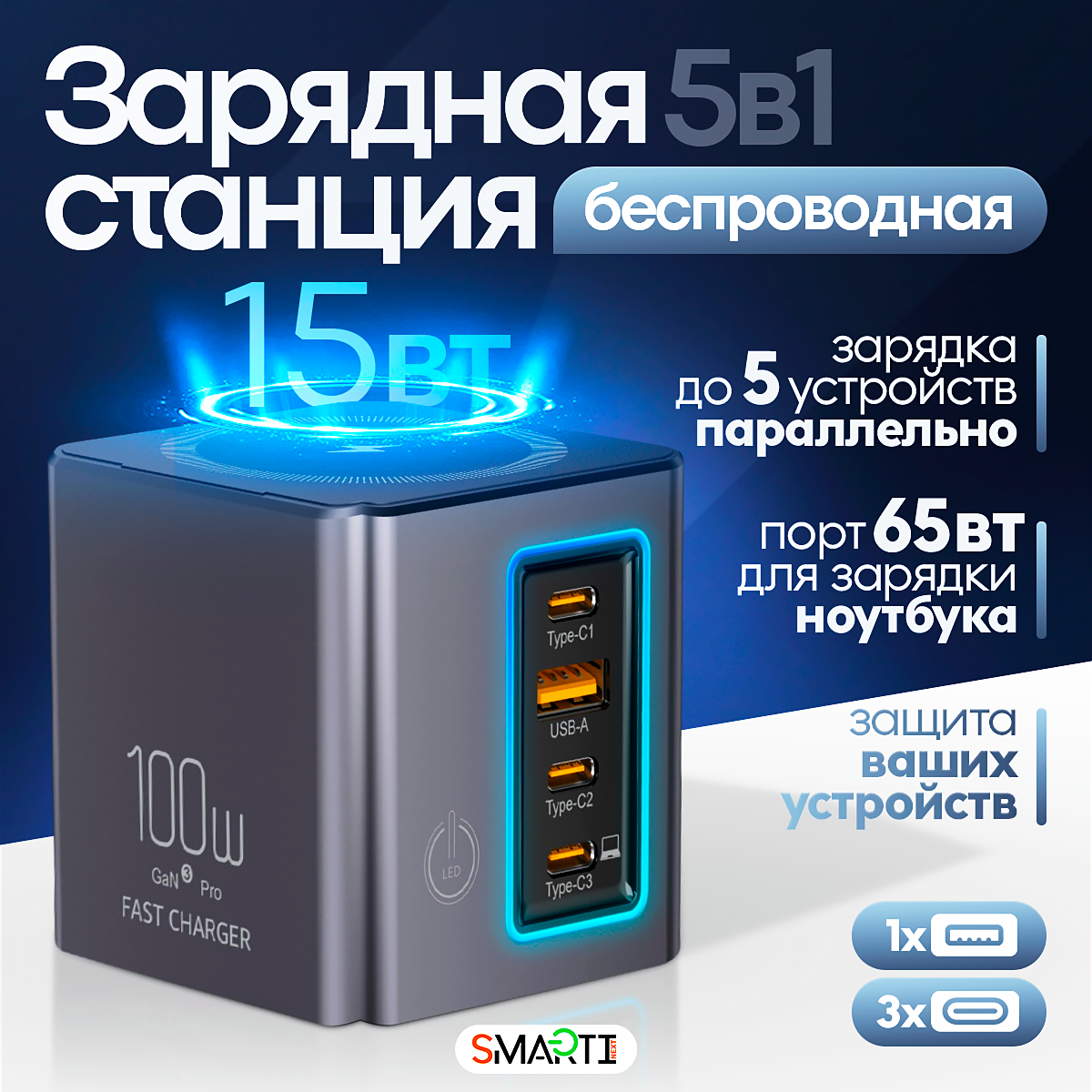 Быстрое зарядное устройство SmartiNext 100Вт с беспроводной зарядкой / 3x Type-C и 1 Type-A - фото 1