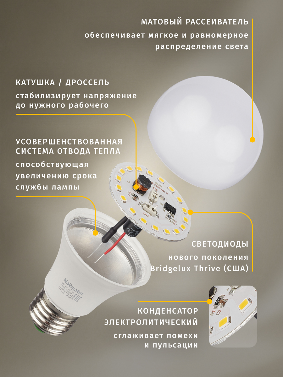 Светодиодная лампочка Navigator солнечного света безопасная для зрения Е27 4000К 9Вт - фото 8
