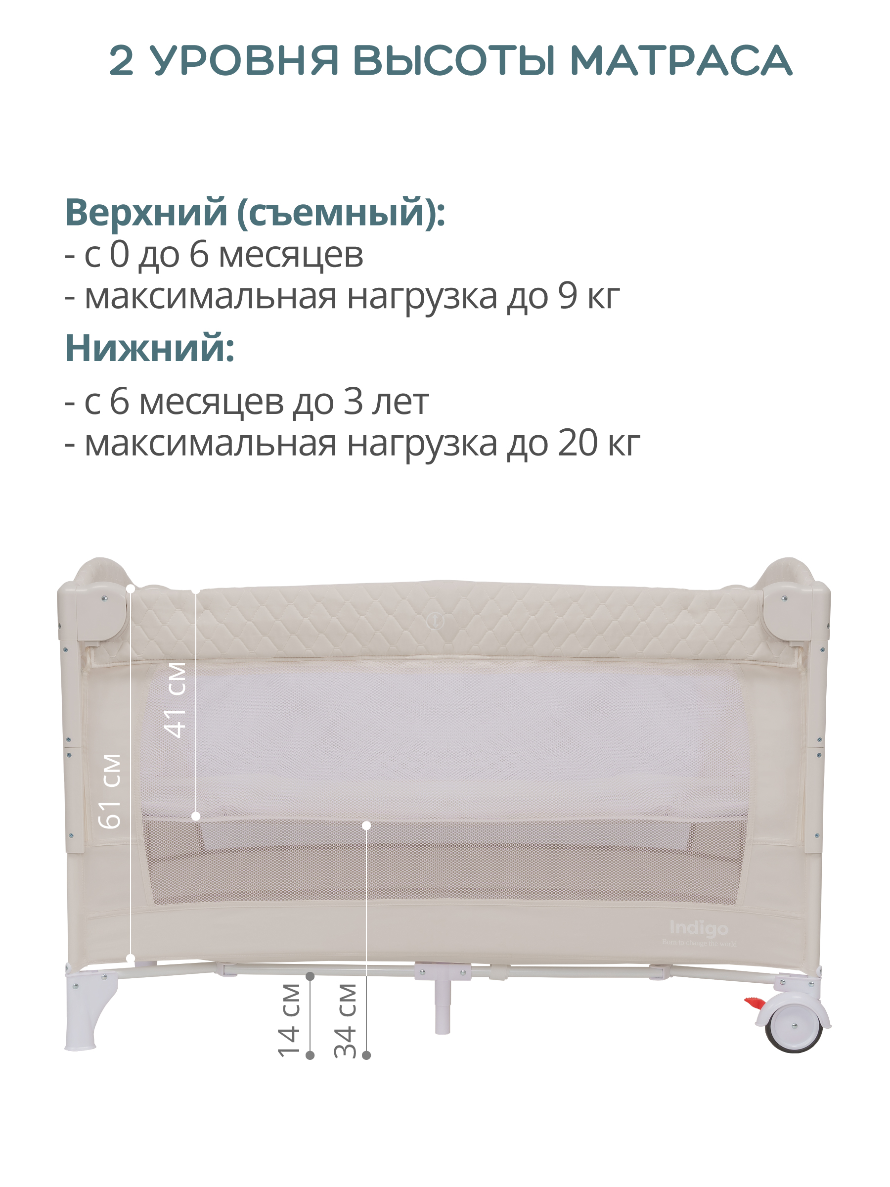 Манеж, кровать и кроватка приставная 3в1 Indigo Bon-Bon, 2 уровня, с рождения, с сумкой, светло-бежевый 4657833590916 - фото 9