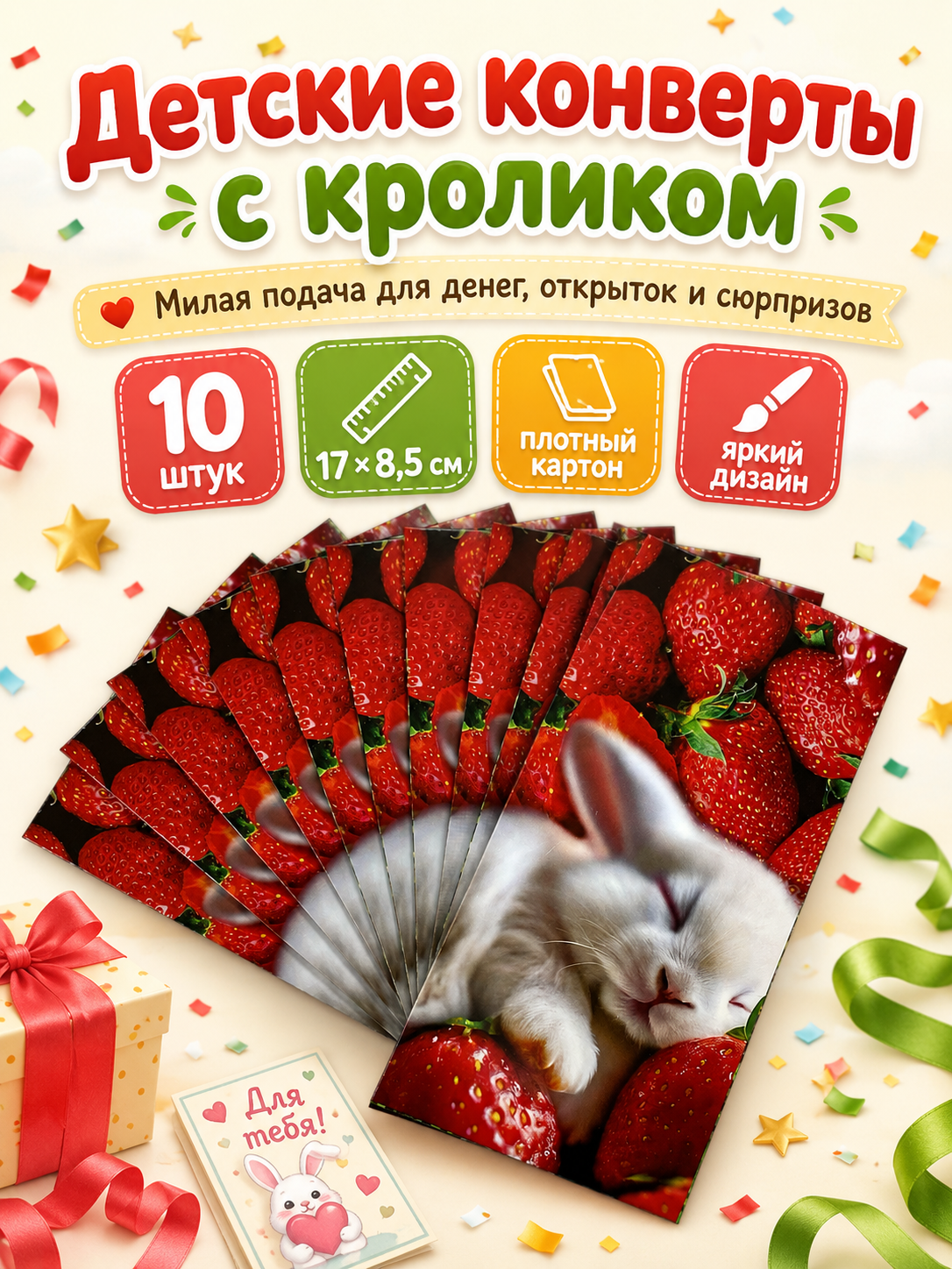 Конверты для денег детские Филькина Грамота со спящим кроликом и клубникой 10 шт - фото 5
