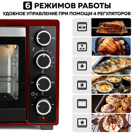 Мини-печь GFGRIL Gfo-48Br электрическая духовка 48 л цвет черный с красным конвекция вертел