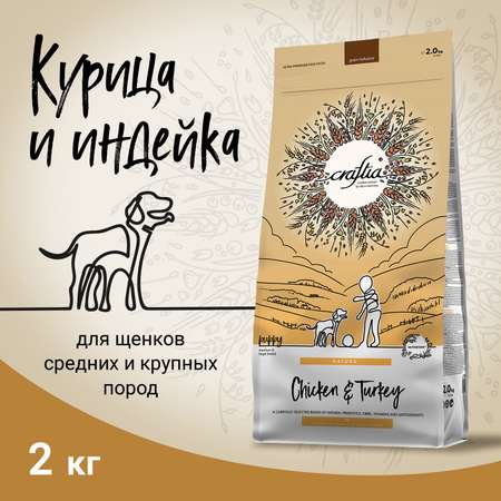 Корм для щенков, беременных и кормящих собак Craftia Natura 2кг средних и крупных пород из курицы и индейки сухой
