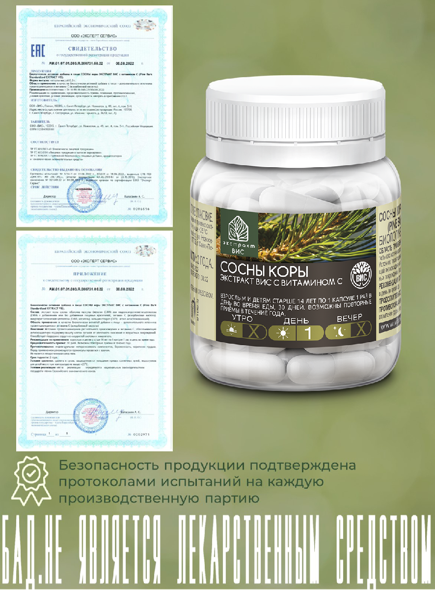 БАД Экстракт-ВИС Сосны коры экстракт с витамином С (Pine Bark Standardized EXTRACT VIS) капсулы №30 - фото 4