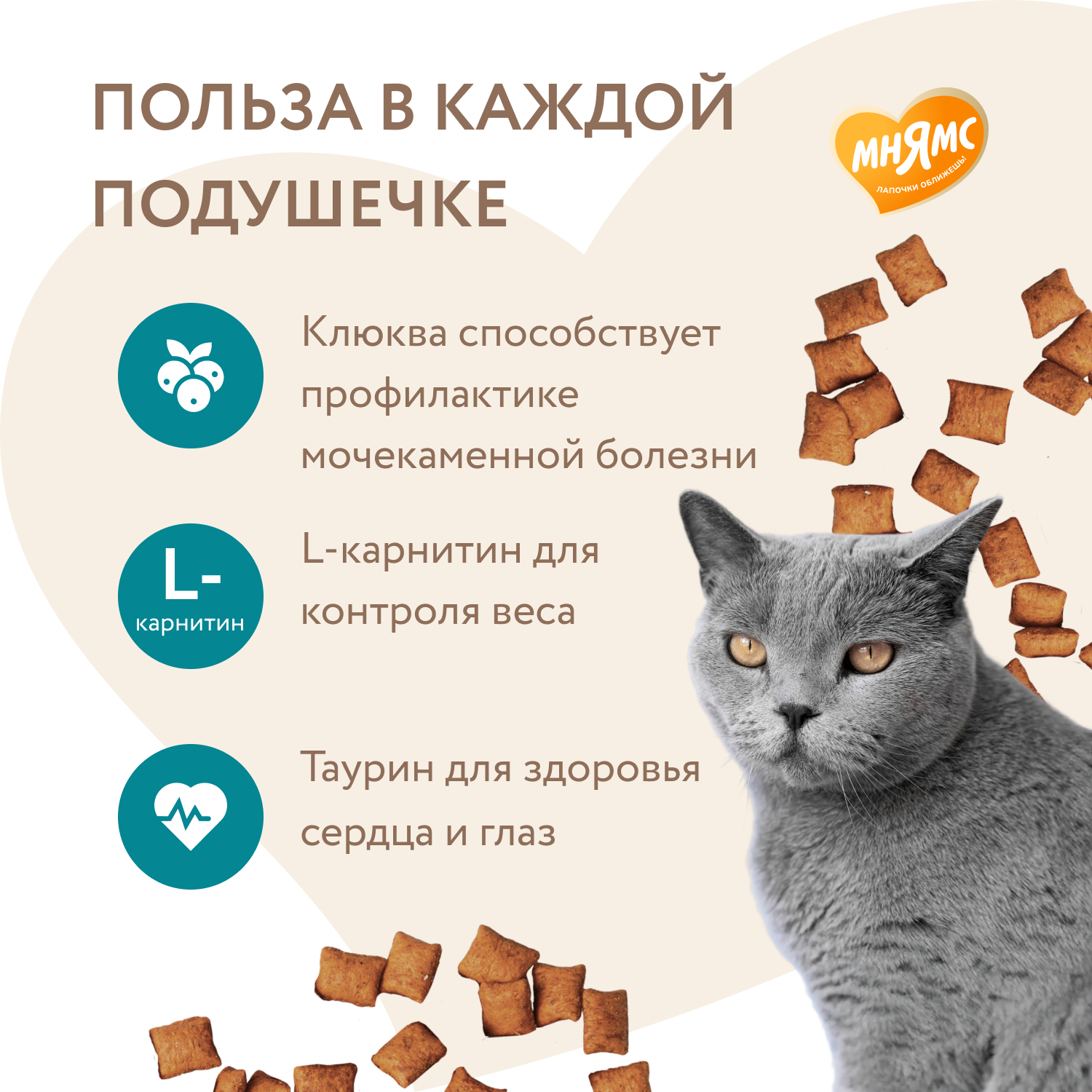 Лакомство для кошек Мнямс Профилактика МКБ Хрустящие подушечки с цыпленком и клюквой 60г - фото 2