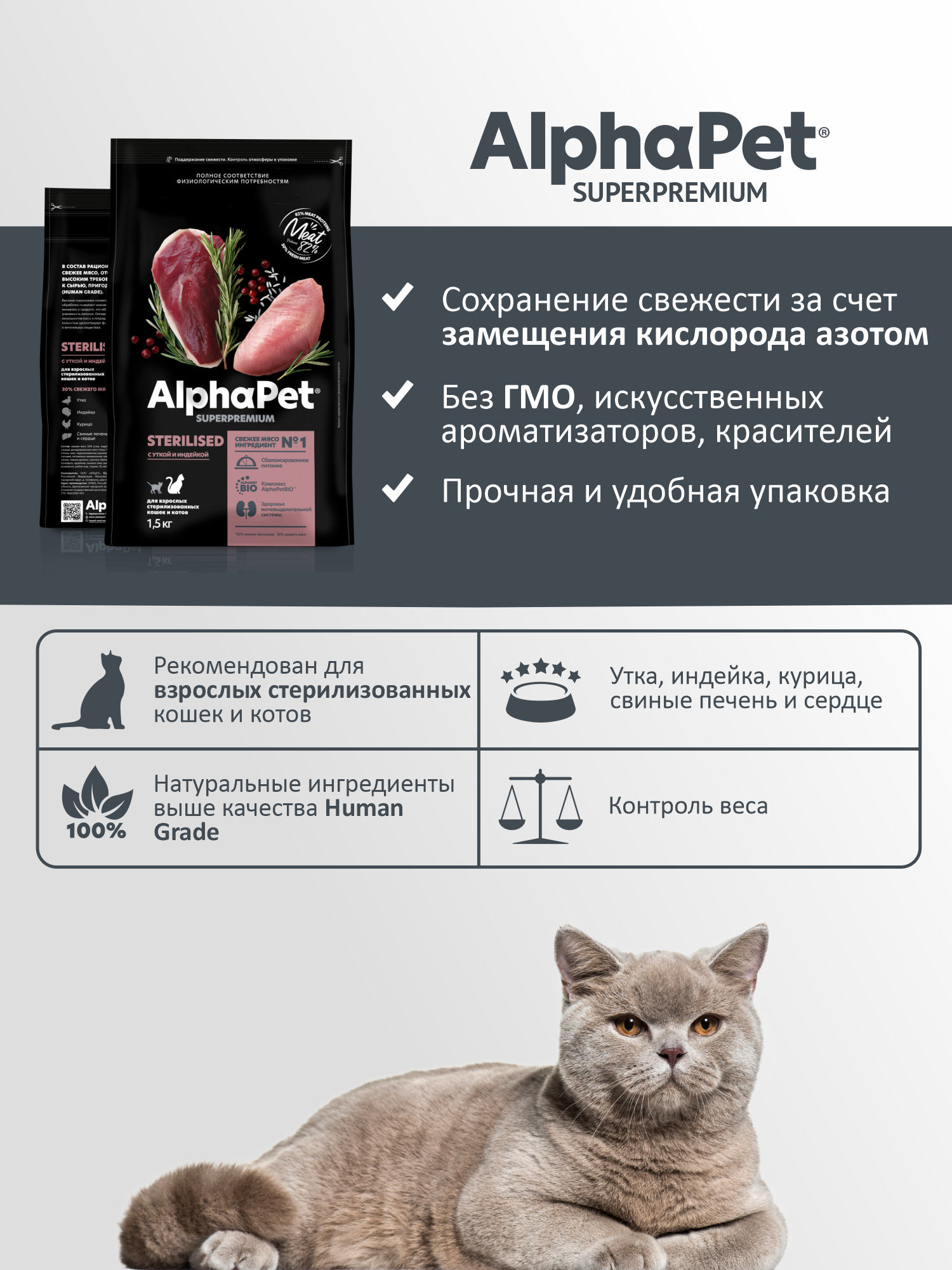 Сухой полнорационный корм холистик AlphaPet с уткой и индейкой для взрослых стерилизованных кошек и котов 1,5 кг - фото 3