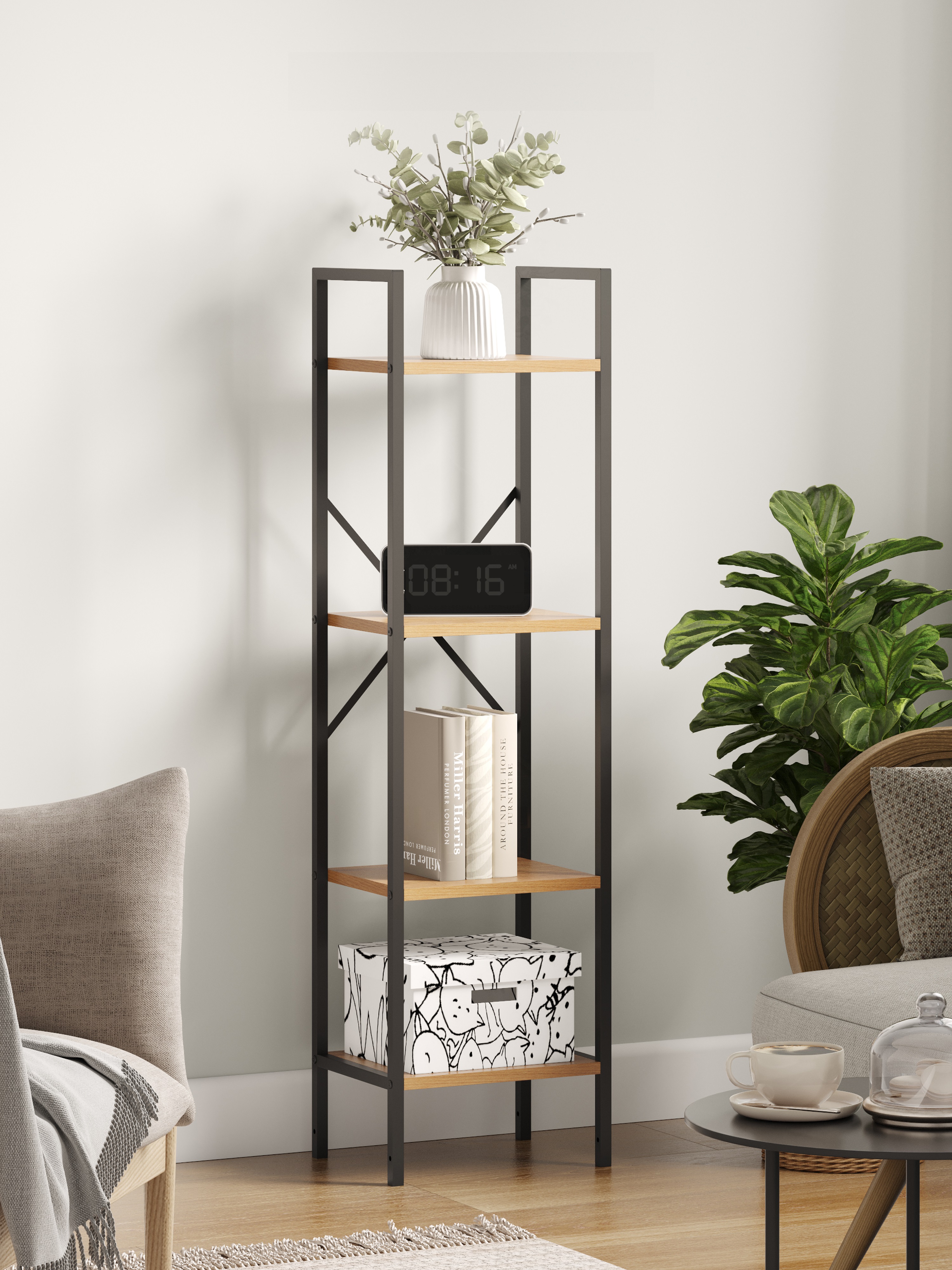 Изображение товара Стеллаж Leset Стилвуд 14 узкий 4 полки Черный/Дуб крафт золотой