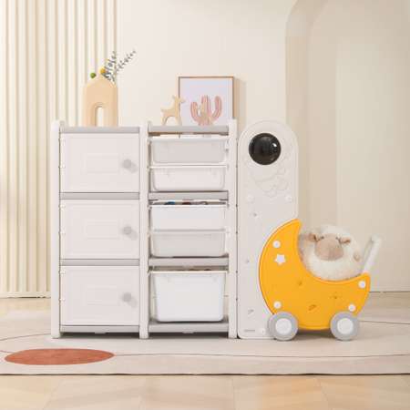 Стеллаж для игрушек UNIX Kids Moon 8 3 полки 5 ящиков с тележкой
