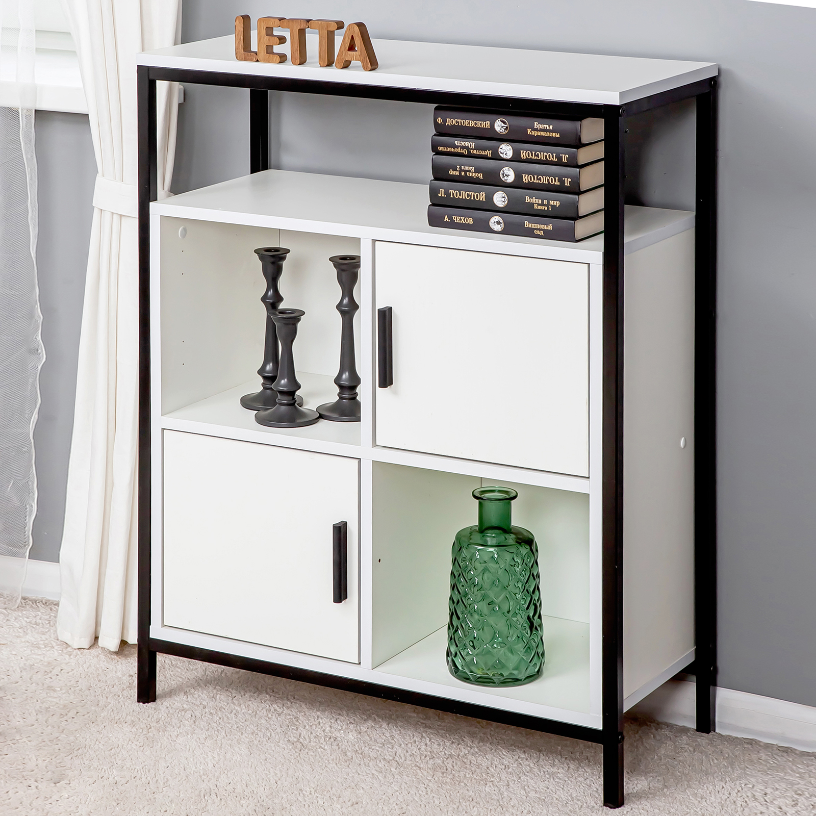Шкаф стеллаж LETTA Frame Белое тиснение Черный металл 700х910(h)х300 - фото 4
