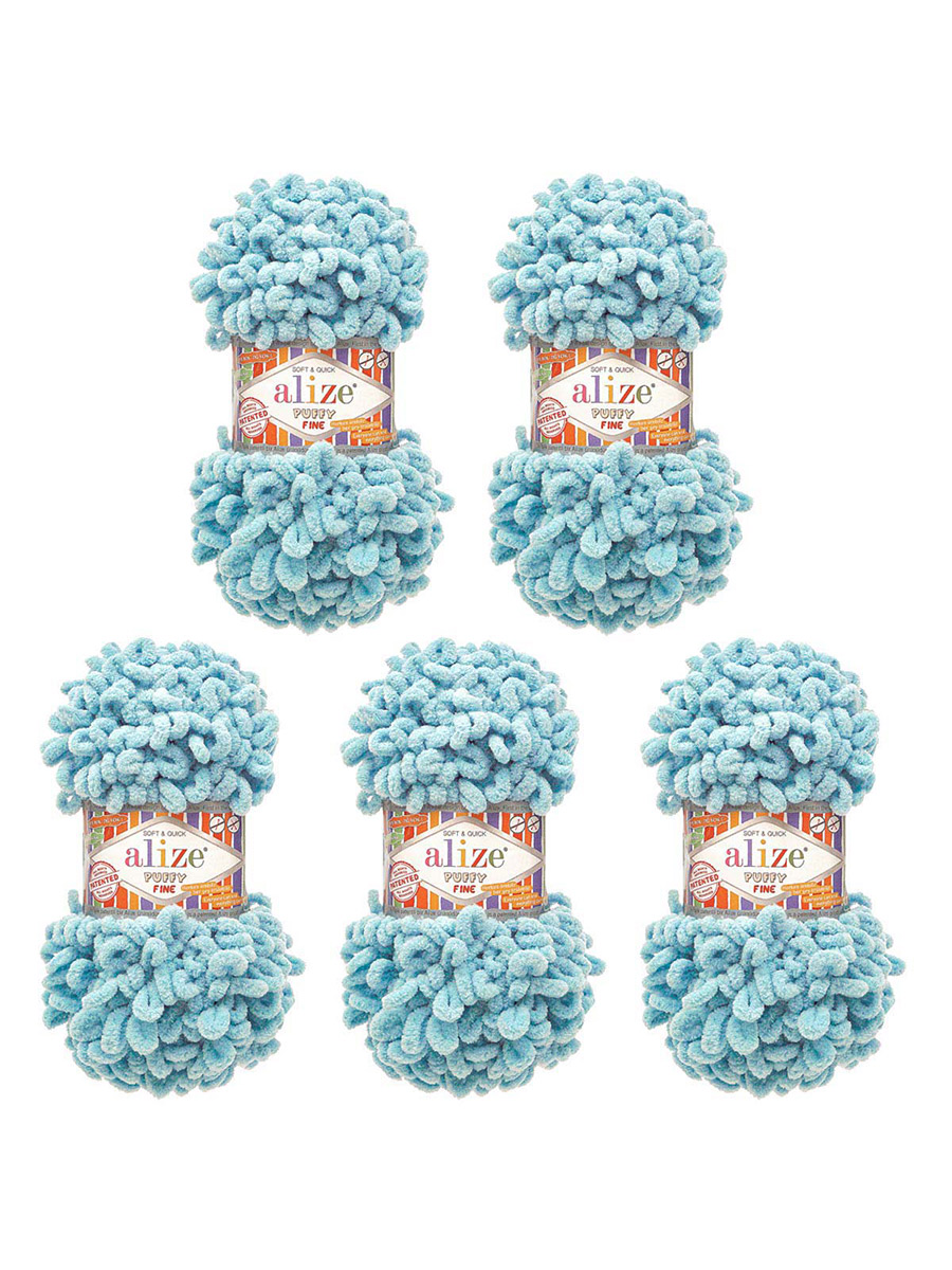Пряжа для вязания Alize puffy fine 100 г 14.5 м микрополиэстер фантазийная мягкая 414 лазурный 5 мотков - фото 6