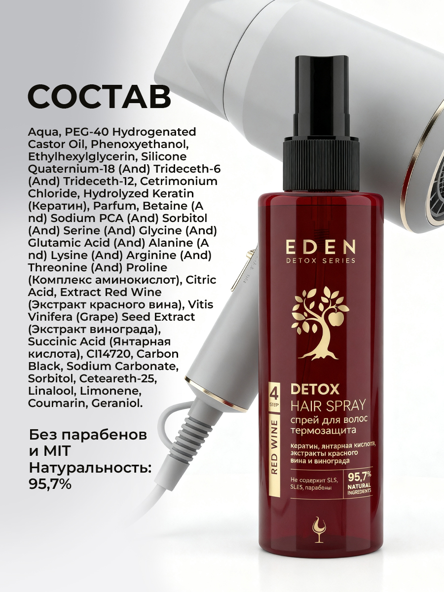Спрей для волос EDEN DETOX Red Wine Термозащита 200мл - фото 12