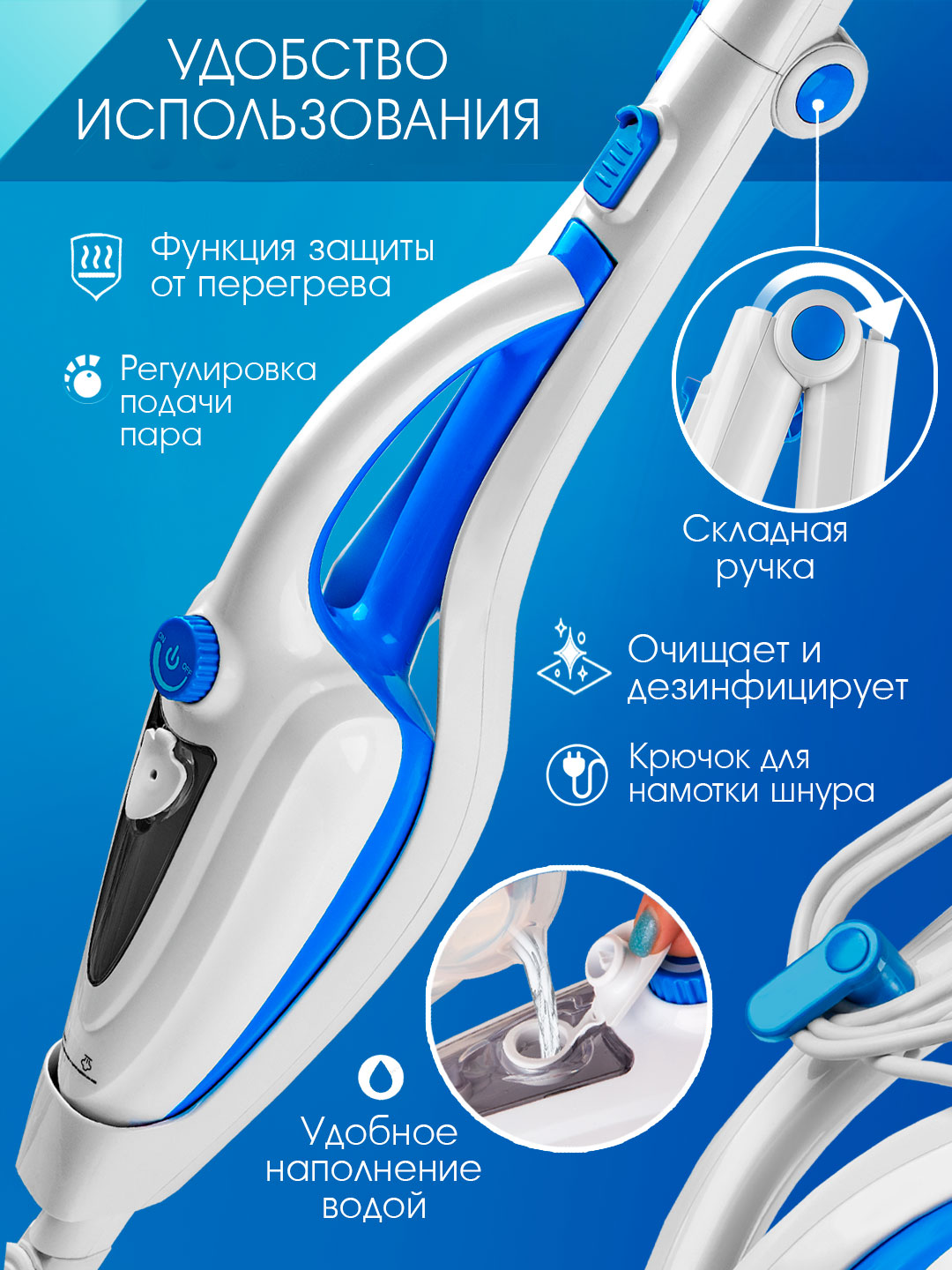 Паровая швабра ENDEVER Odyssey Q-624 1600 Вт 3 в 1 насадки 25 мин 385 мл - фото 4