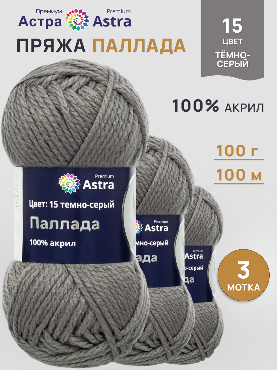 Пряжа Astra Premium Паллада акриловая 100 г 100 м 15 темно-серый 3 мотка - фото 1