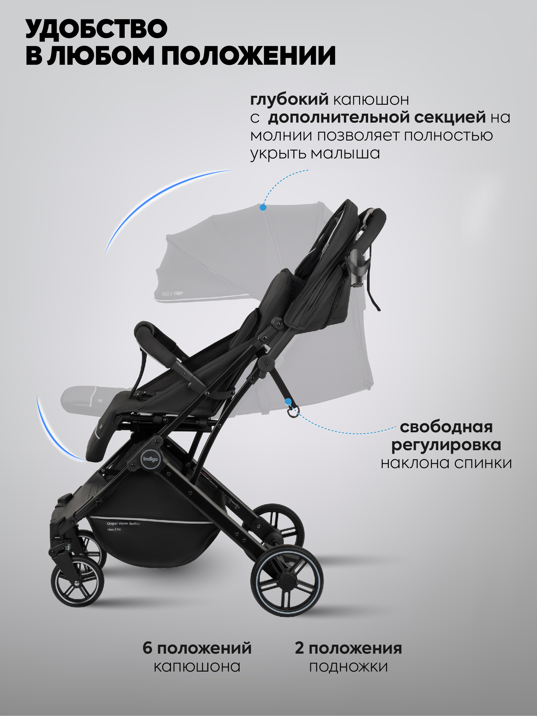 Коляска прогулочная Indigo Trip для путешествий черный - фото 5