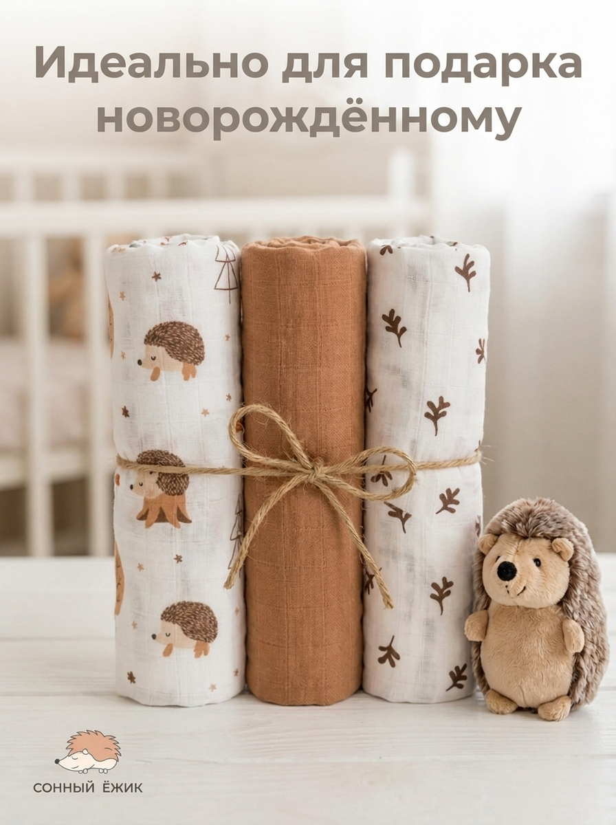 Пелёнка Сонный ежик муслин 90х120 см 3 шт. - фото 7